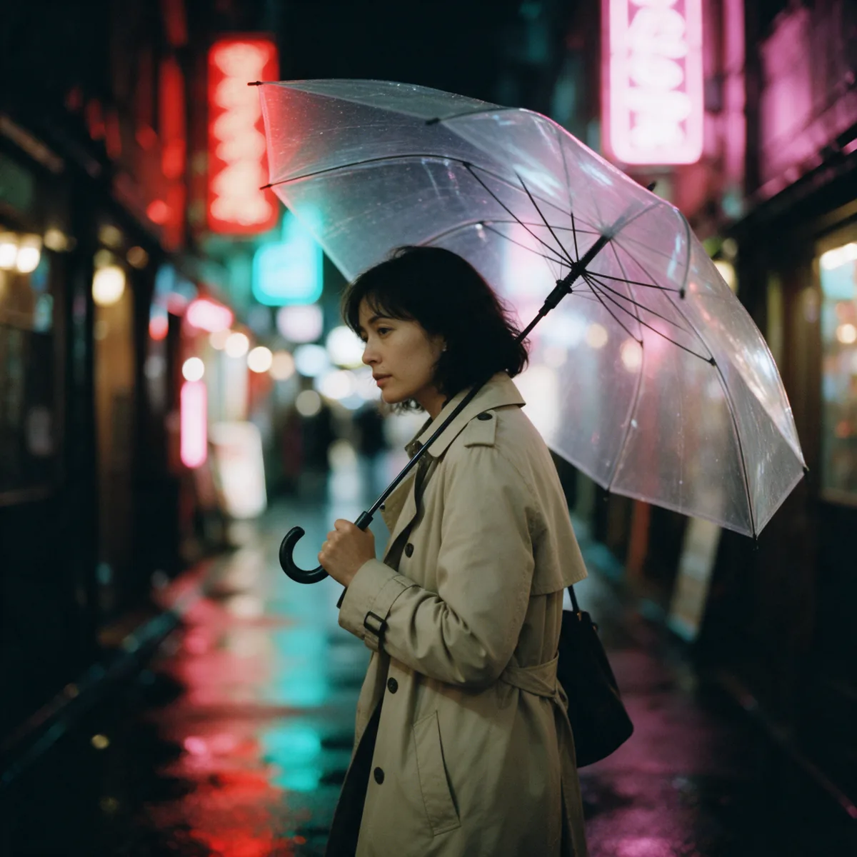 Original photograph: a woman with a clear umbrella on a rainy neon street.