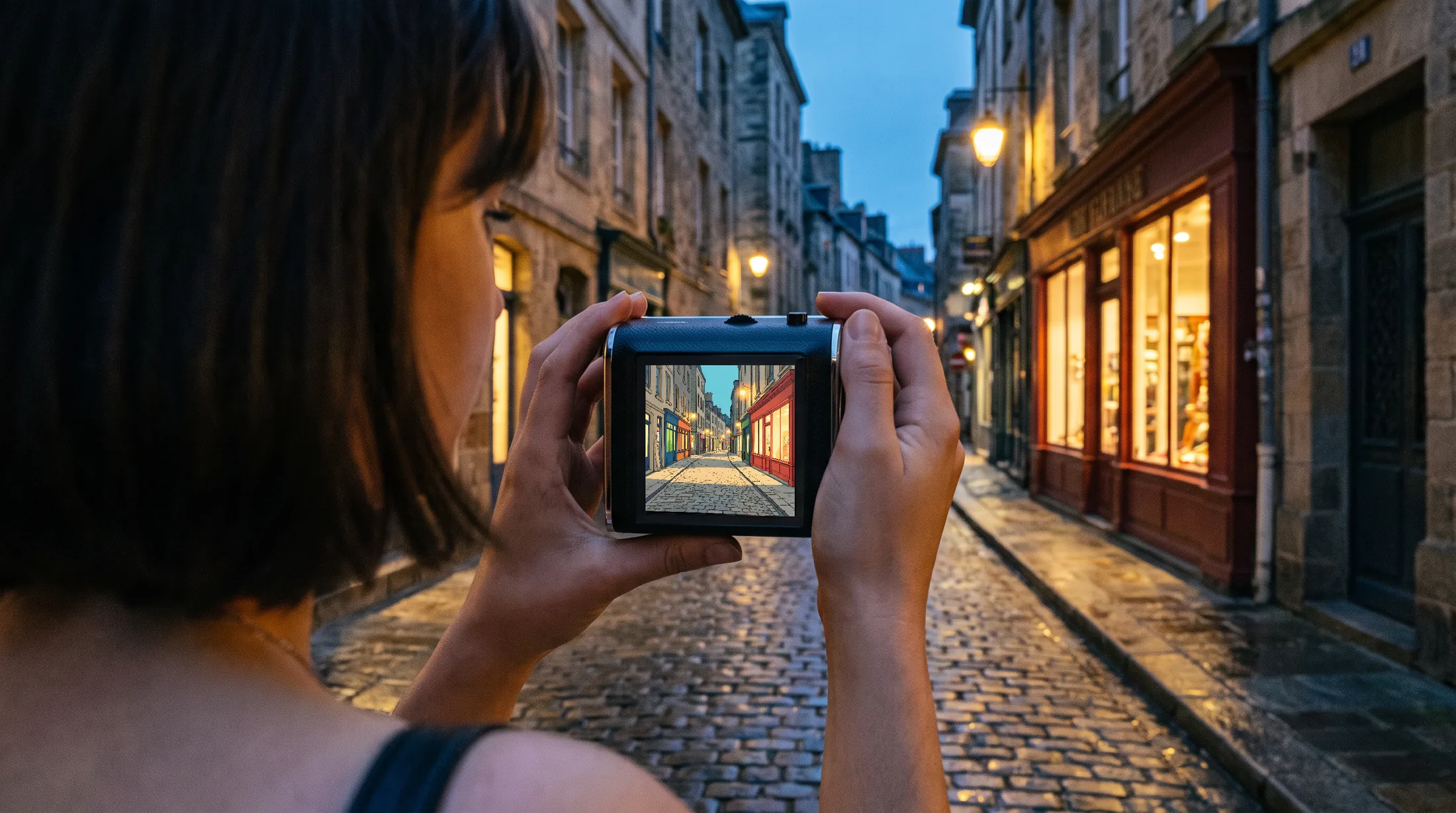 Over a woman’s shoulder at dusk: she holds Genie in both hands, and its screen shows the street ahead of her redrawn as a flat cartoon.